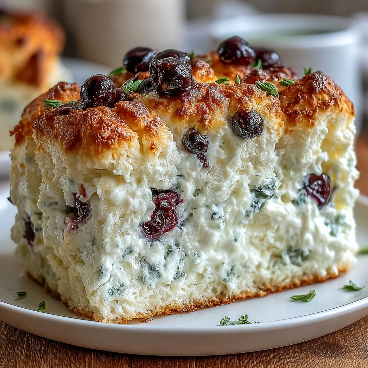 Fluffy Cottage Cheese Blueberry Cloud Bread with golden edges and juicy berries baked inside.
