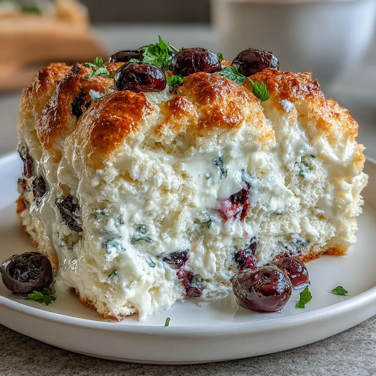 A light and airy cloud bread made with cottage cheese and fresh blueberries for a healthy treat.