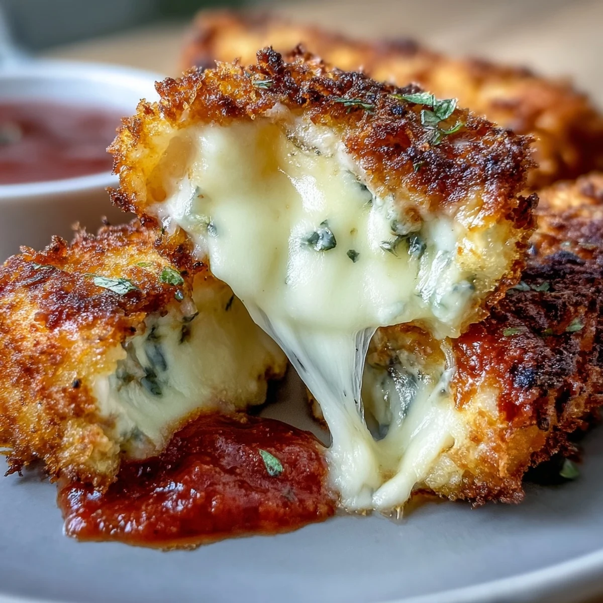 Crispy air fryer mozzarella sticks served with zesty homemade marinara dip for a lighter, golden appetizer.  