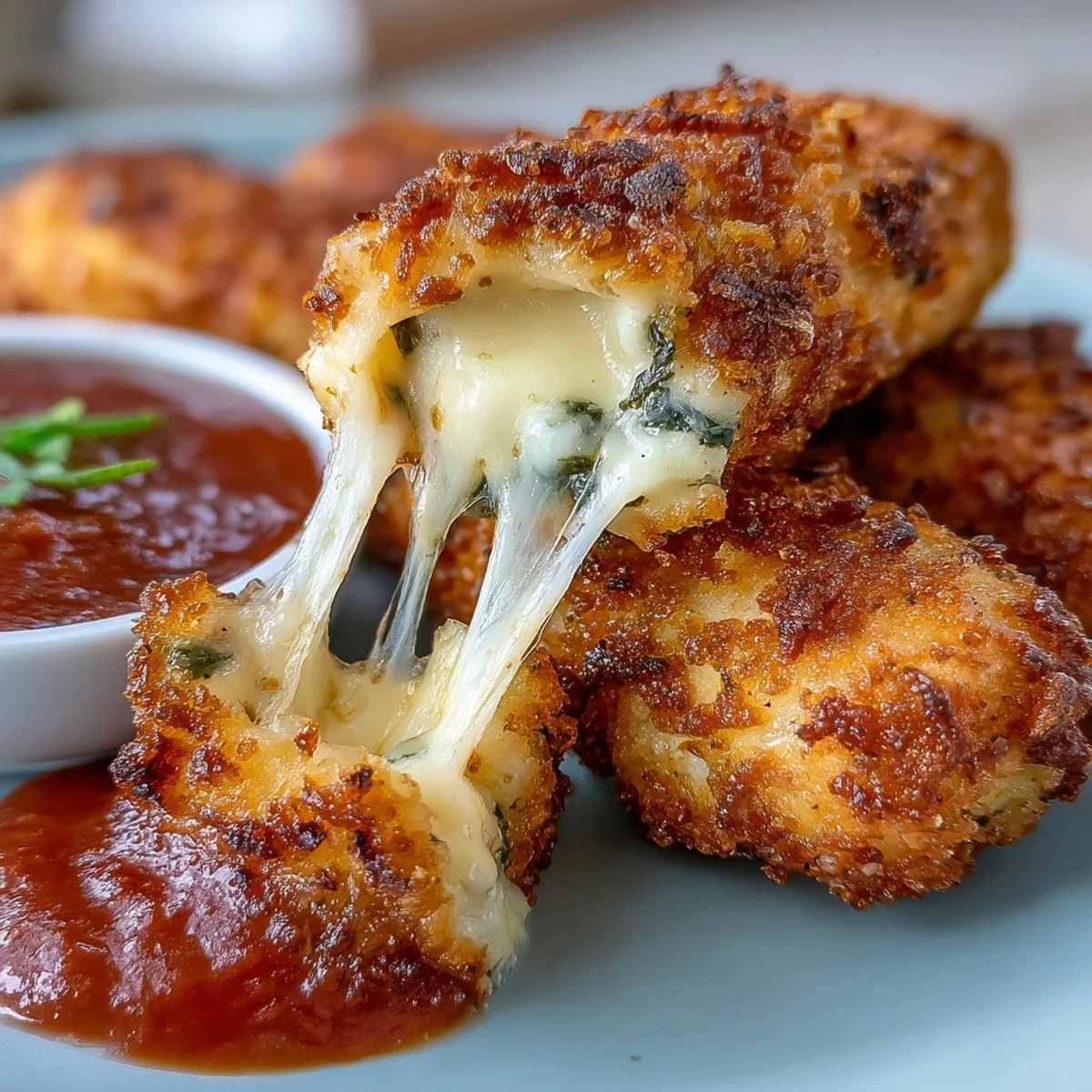 Air fryer mozzarella sticks with crispy panko crust, served alongside a rich and tangy marinara dip for dipping.