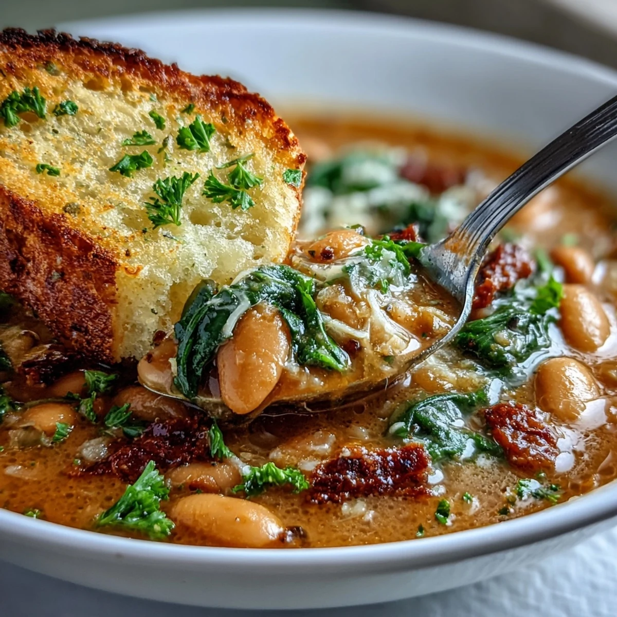 Rustic Italian white bean soup loaded with spinach and tomatoes, accompanied by warm, toasted garlic bread with fresh parsley.