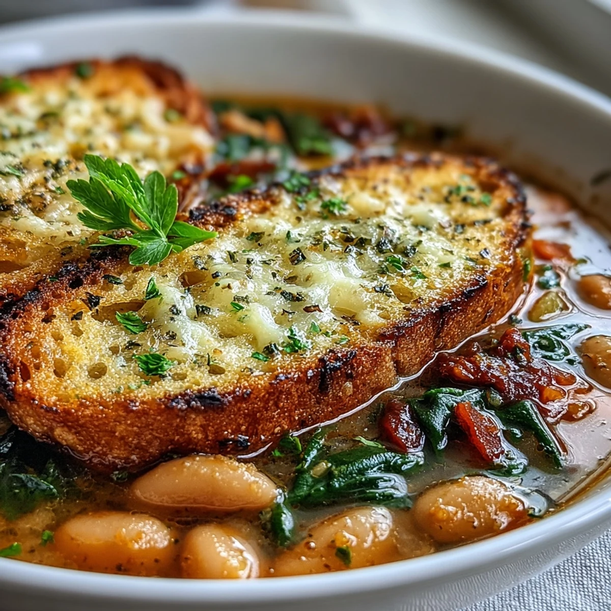 Creamy cannellini bean soup with aromatic rosemary and thyme, paired with crisp, buttery garlic bread straight from the oven.  