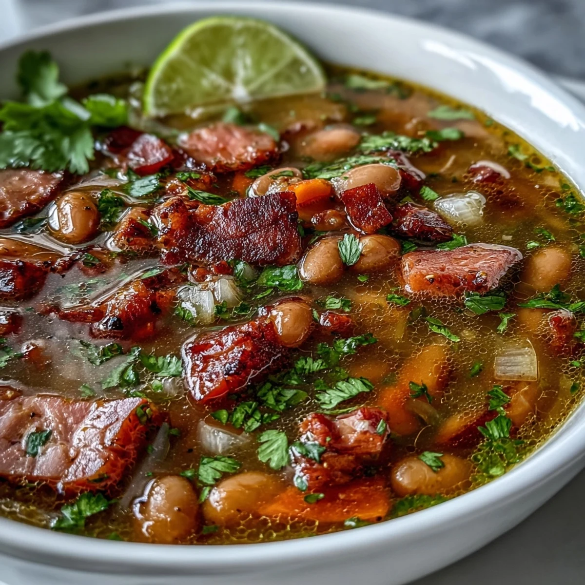 Hearty ham and pinto bean soup with tender chunks of ham, creamy beans, and vibrant vegetables in a savory broth.  