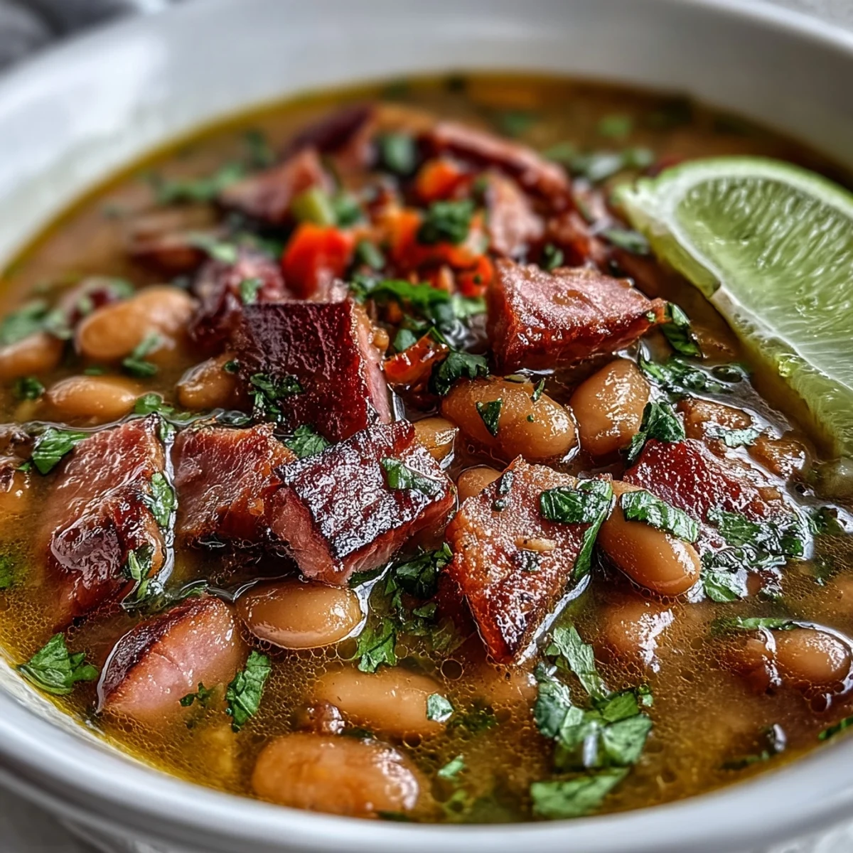 Rich and comforting ham and pinto bean soup simmered with smoked paprika, cumin, and vegetables for a satisfying meal.
