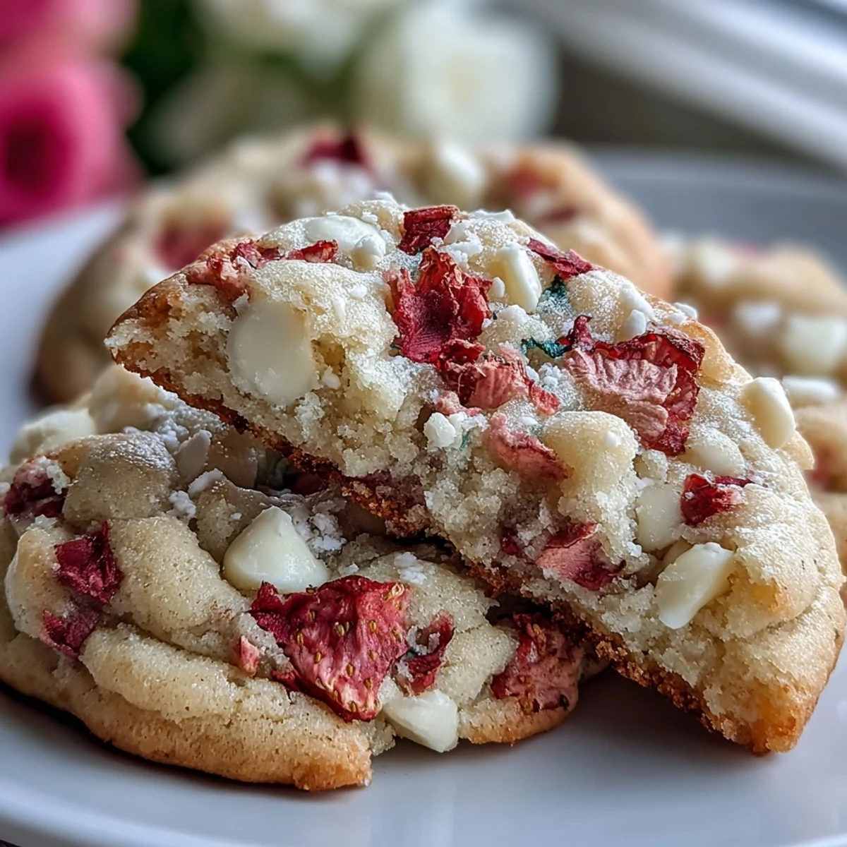 Valentine Strawberry White Chocolate Cookies with vibrant pink color and creamy white chocolate chips.