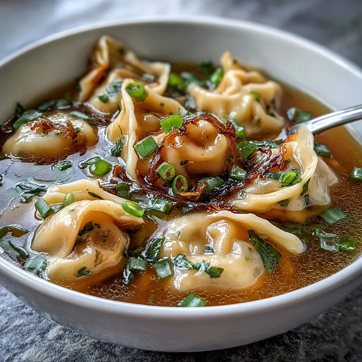 Hearty dumpling soup with tender chicken-filled dumplings in savory broth, garnished with fresh scallions.  