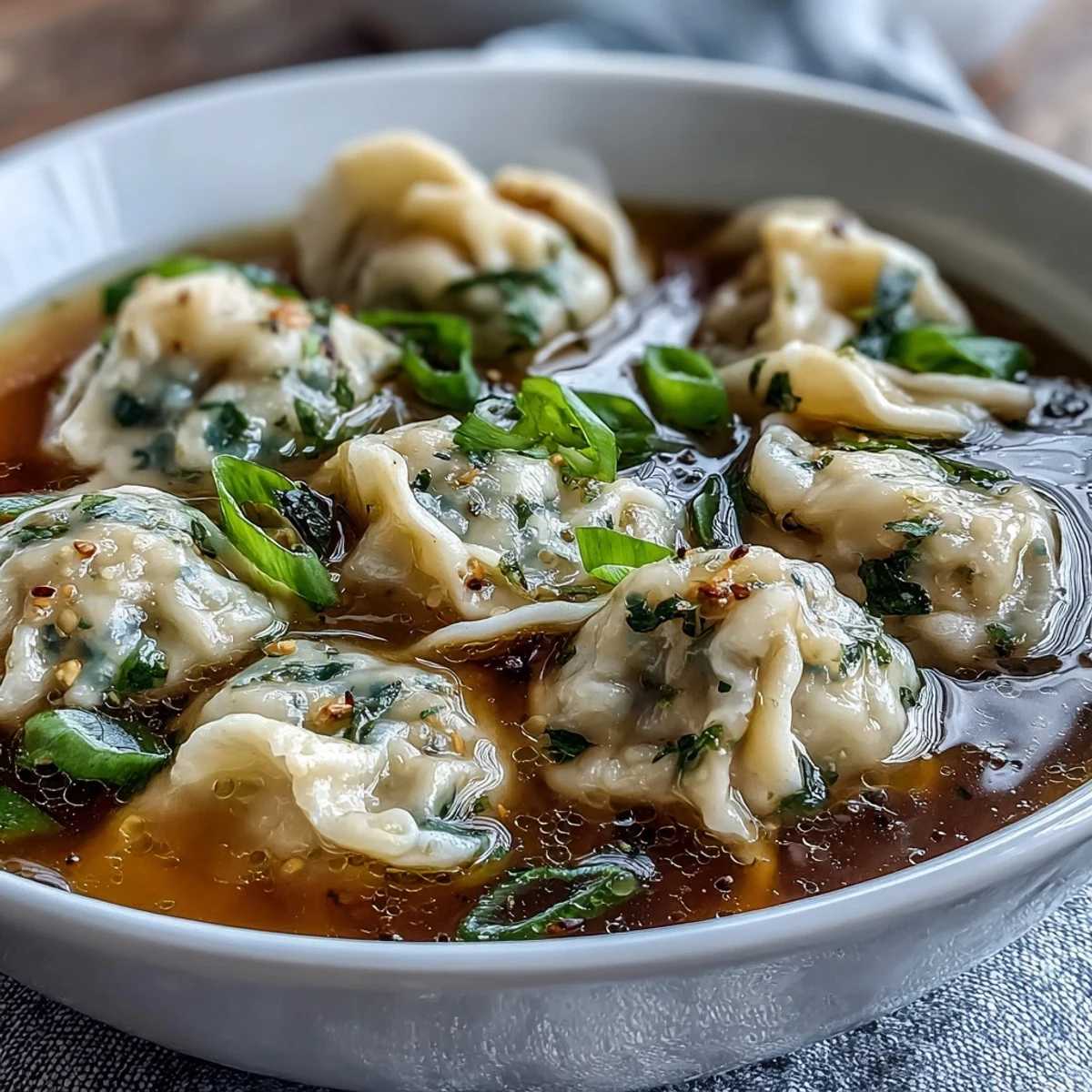 Warm dumpling soup with savory chicken broth, delicate dumplings, and crisp scallions for a comforting meal.