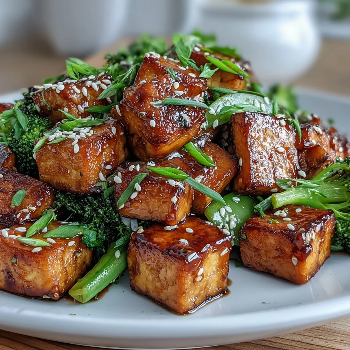 Crispy tofu and vibrant vegetables in a savory teriyaki sauce, served in a steaming hot stir-fry skillet.  