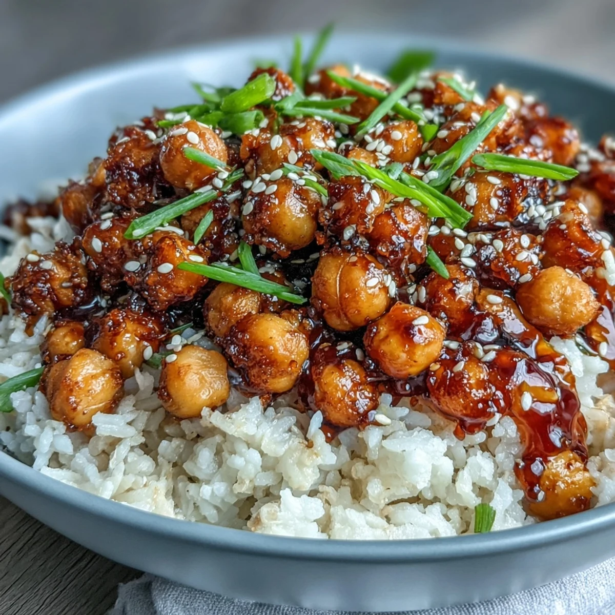 Crispy chickpeas in spicy chili-garlic sauce served over fragrant jasmine rice for a vibrant, plant-based meal.