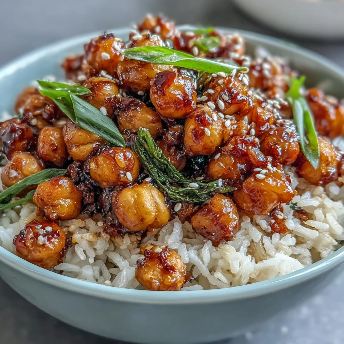Golden roasted chickpeas tossed with bold chili-garlic sauce, served over fluffy jasmine rice with fresh scallions and sesame seeds.