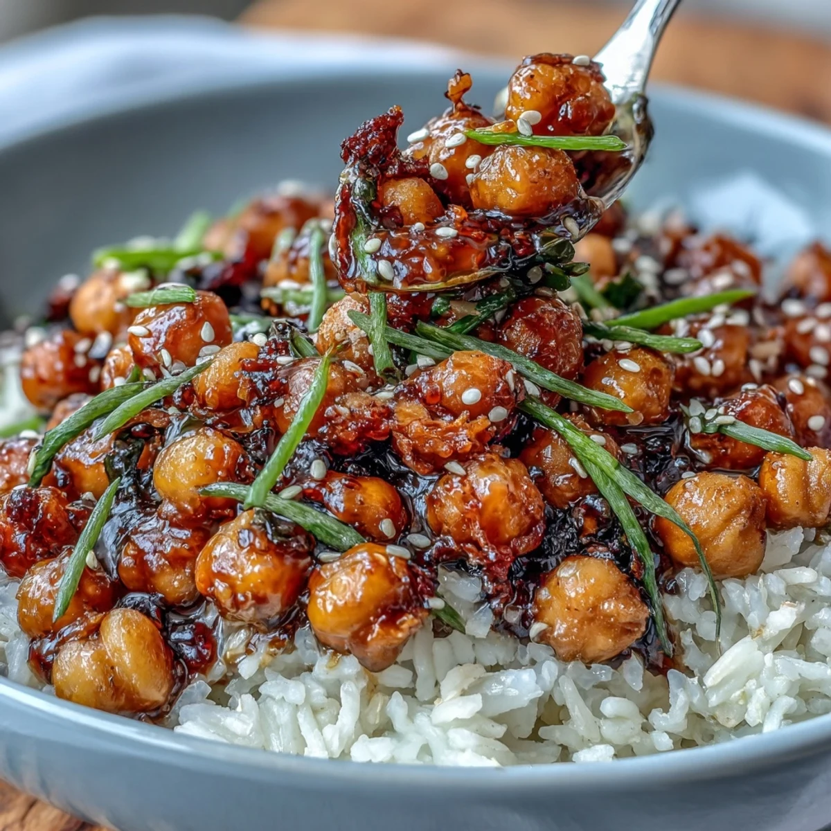 Spicy chili-garlic chickpeas crisped to perfection, served over steaming jasmine rice with a zesty lime garnish.