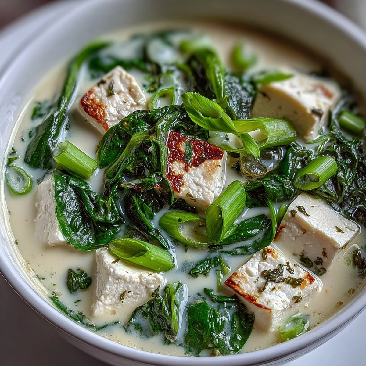 A warm bowl of miso soup with tofu, spinach, and green onions, showcasing a savory Japanese broth with fresh ingredients.