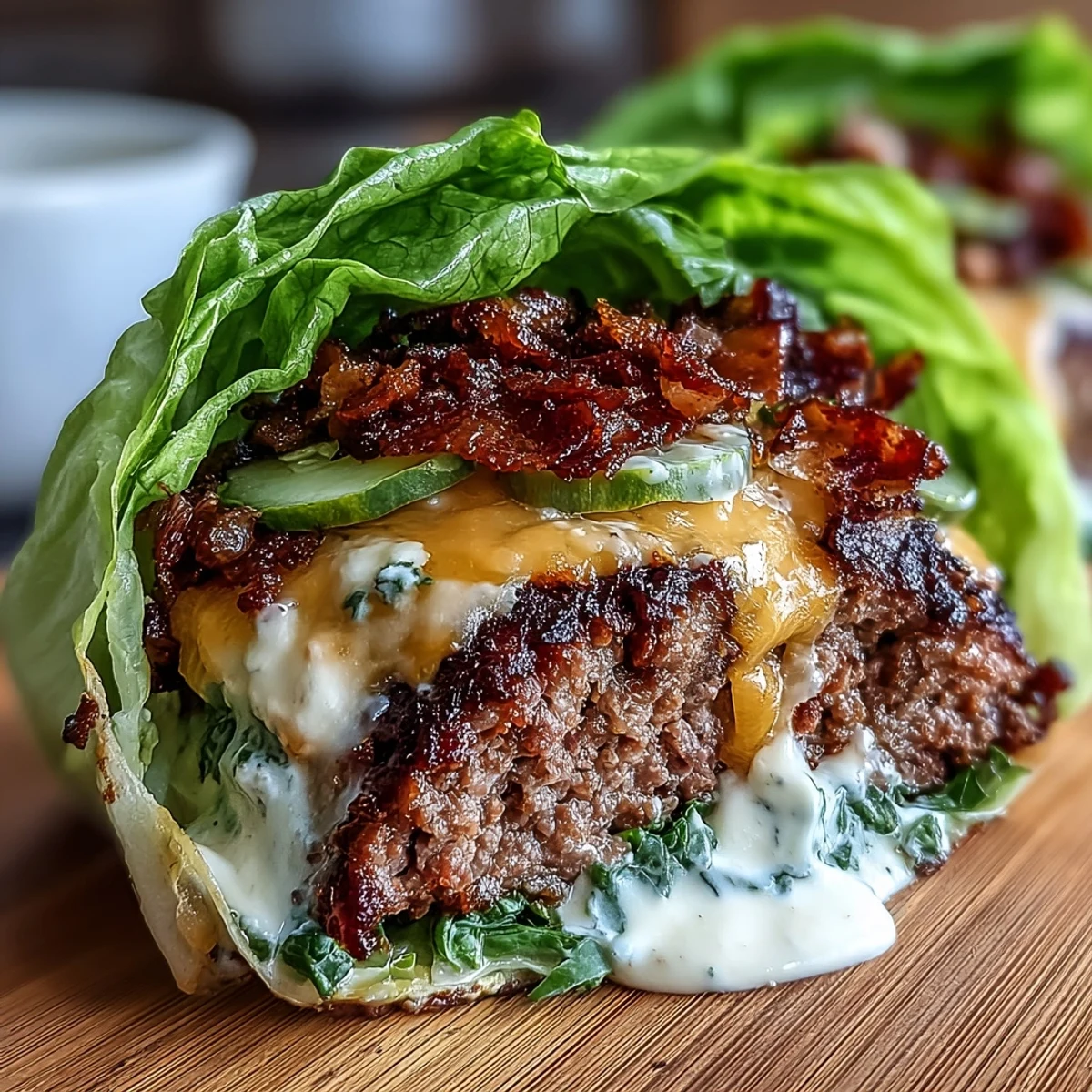 Fresh iceberg lettuce cups filled with seasoned ground beef burgers, melted cheese, and zesty secret sauce—a satisfying keto-friendly cheeseburger without the bun.  