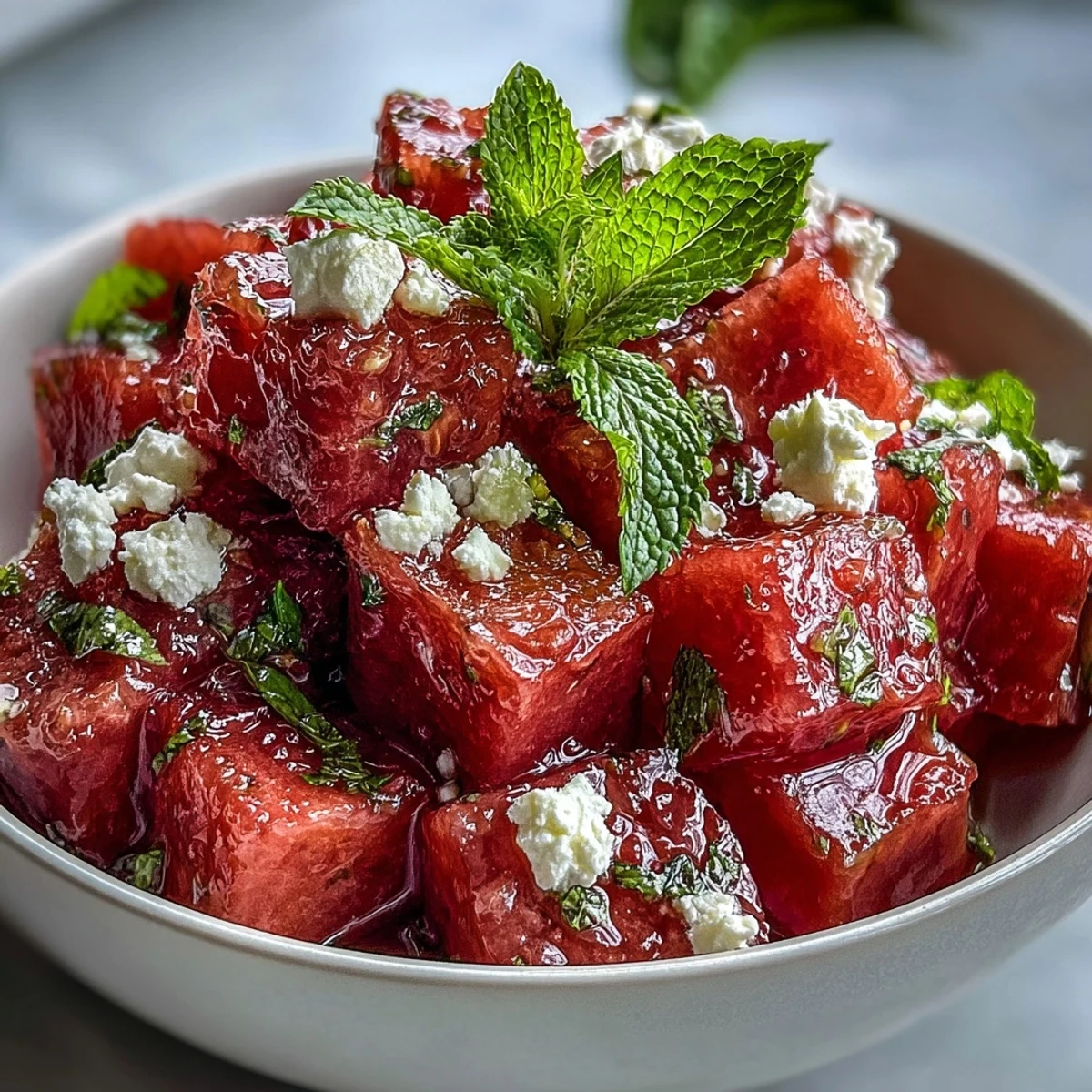 Fresh watermelon feta mint salad with juicy cubes, creamy cheese, and bright herbs in a summer bowl.