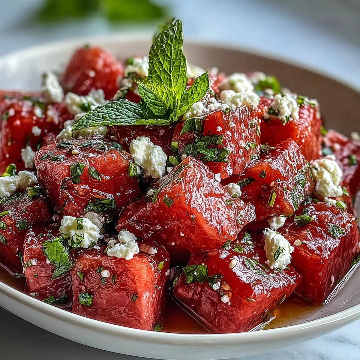 Vibrant watermelon feta mint salad tossed with olive oil and lime, perfect for BBQ gatherings.