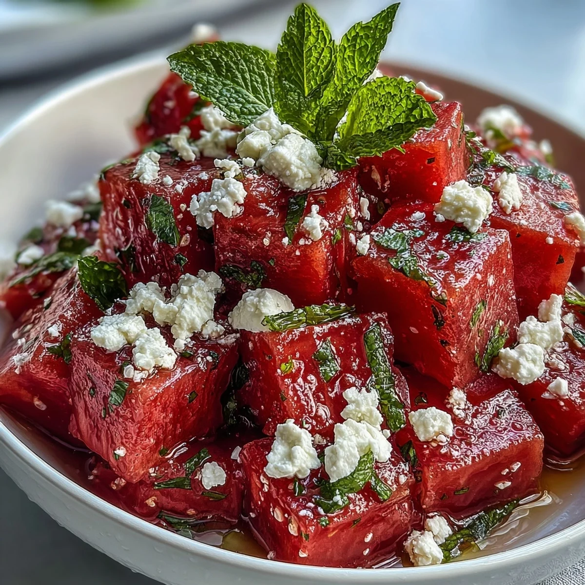 Colorful watermelon feta mint salad featuring sweet fruit, salty cheese, and fragrant herbs for a refreshing side.