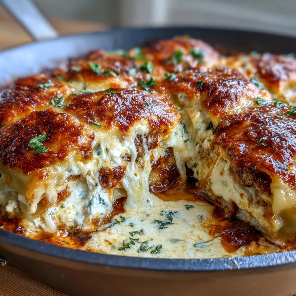 Hearty dumpling lasagna skillet layered with ground turkey, cabbage, and melted cheese in a one-pan meal.  