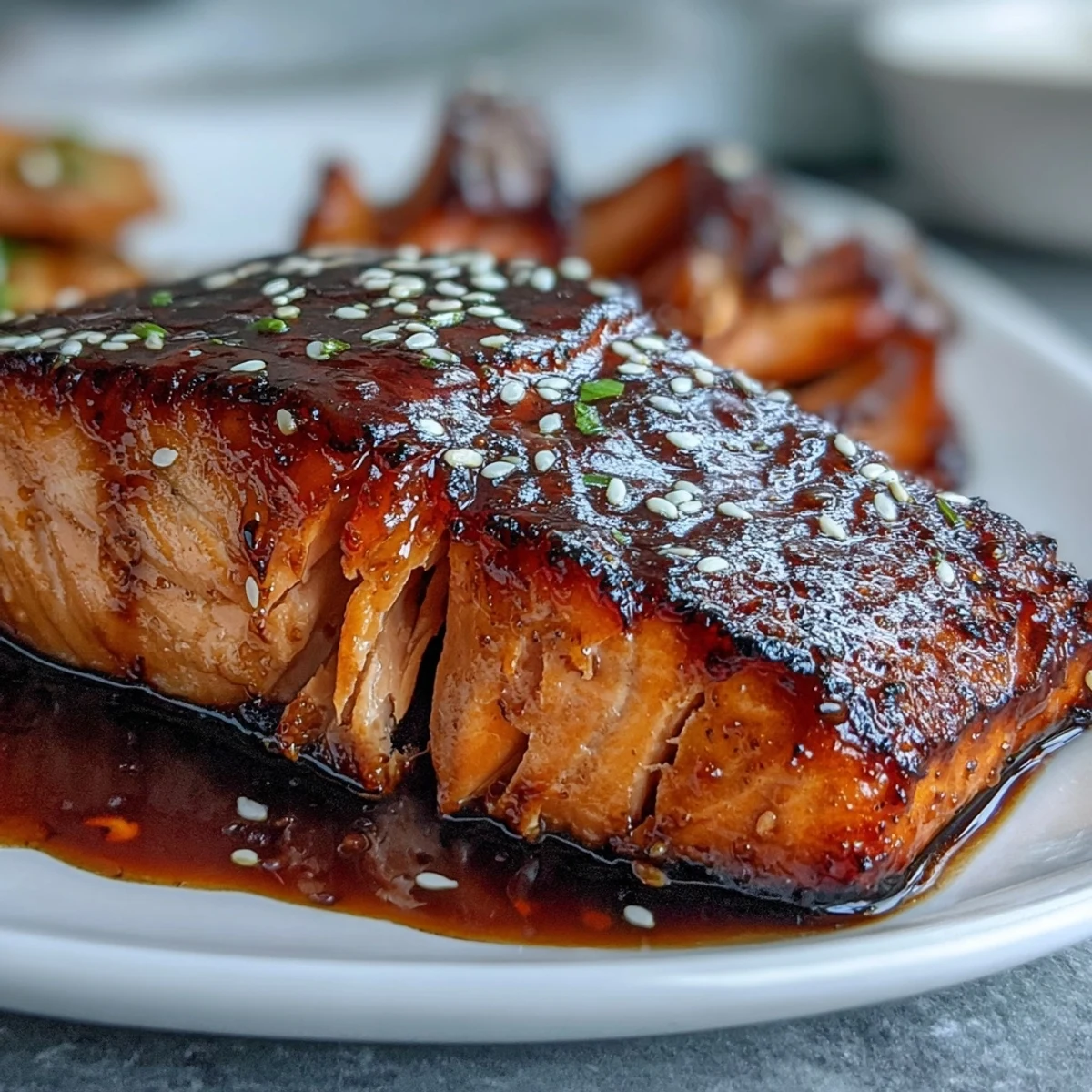 A vibrant plate of honey soy glazed salmon with tender sesame broccoli, drizzled with rich, savory-sweet glaze and garnished with fresh green onions.  