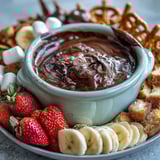 Creamy Boozy Chocolate Fondue with strawberries, pound cake, and pretzels for dipping on a rustic platter.