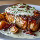 Fork-tender Crockpot Ranch Pork Chops slow-cooked with ranch-seasoned vegetables, served with a spoonful of velvety sauce.