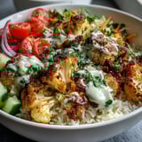 A vibrant Roasted Cauliflower Bowl featuring golden herb-roasted cauliflower over fluffy rice with fresh veggies and zesty tahini.