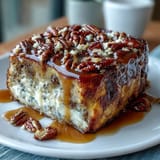 Fluffy pancake casserole baked golden with maple syrup swirls, ready to slice and serve warm for breakfast.