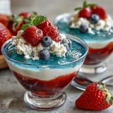 Patriotic Jello cups in red, white, and blue layers, chilled and ready for a cool, refreshing holiday dessert.  
