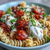 Close-up of Summer Caprese Pasta; creamy burrata melting over ripe tomatoes and basil.
