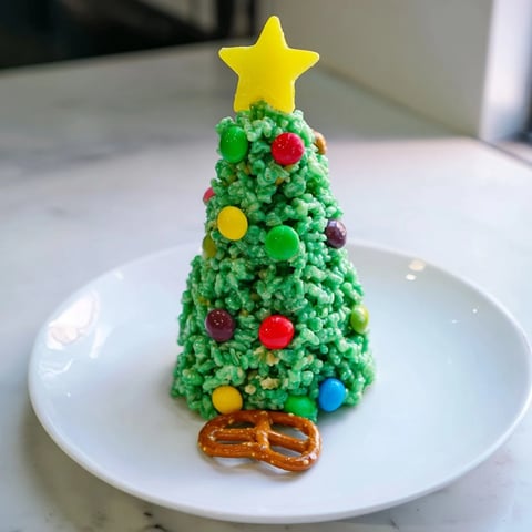 Festive Christmas Tree Rice Crispy Treats, green and covered in colorful candy decorations, ready to eat.