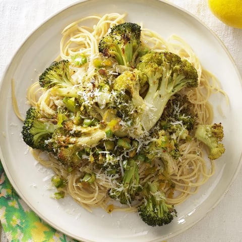 Roasted Garlic Lemon Broccoli Angel Hair Pasta with perfectly roasted broccoli florets and bright lemon.