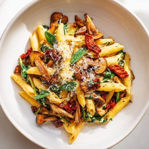 Creamy Sun-Dried Tomato Mushroom Penne Skillet with fresh basil, ready for a delicious Italian meal.