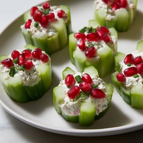 Crisp Winter Salad: Snowflake-shaped cucumber cups bursting with creamy filling, garnished with vibrant pomegranate.