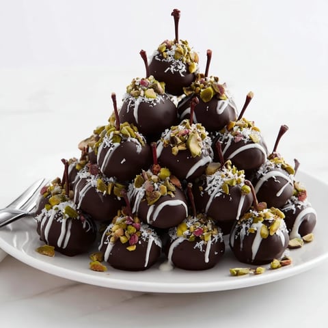 Beautiful pyramid of chocolate-covered cherry dessert bites, glistening and ready to serve.