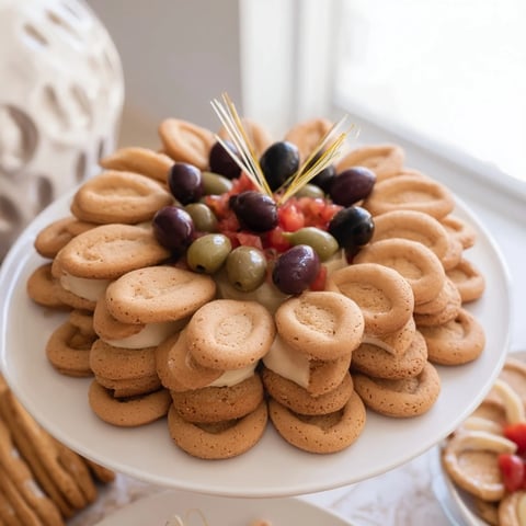 The Roman Colosseum snack platter features a beautiful circle of crackers and olives as a fun appetizer.