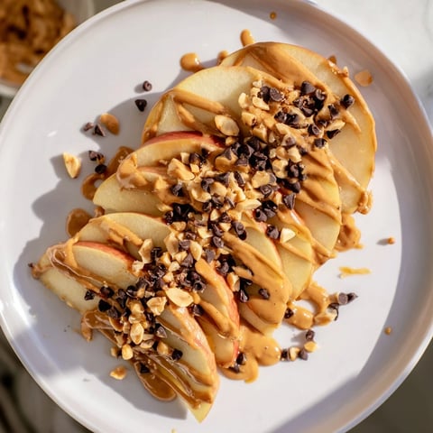 Mouthwatering Peanut Butter Apple Nachos: crisp apple slices layered with peanut butter and crunchy nuts.