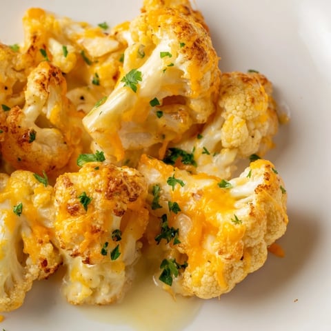 A bubbly casserole of Cheesy Cauliflower Mac with a golden cheesy topping, ready to serve.