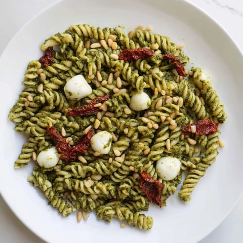 Pesto pasta salad with burst of sun-dried tomatoes, creamy mozzarella, and toasted pine nuts.