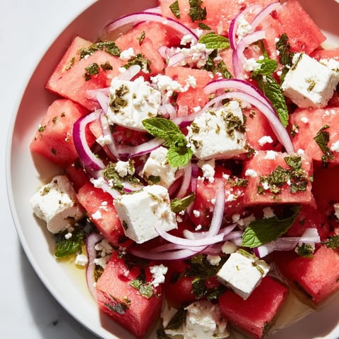 A vibrant Watermelon Feta Salad, featuring sweet watermelon and creamy feta, ready to enjoy.