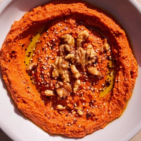 Smoky Syrian Muhammara dip, a vibrant red color, served with warm pita bread for dipping.