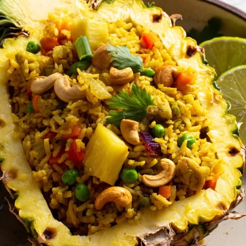 A vibrant serving of Thai-inspired Pineapple Fried Rice piled high inside a hollowed pineapple shell, garnished with fresh cilantro and lime wedges.