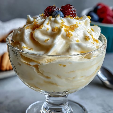 Creamy lemon fool in glass dessert cups, topped with fresh berries and lemon zest for a bright, refreshing treat.