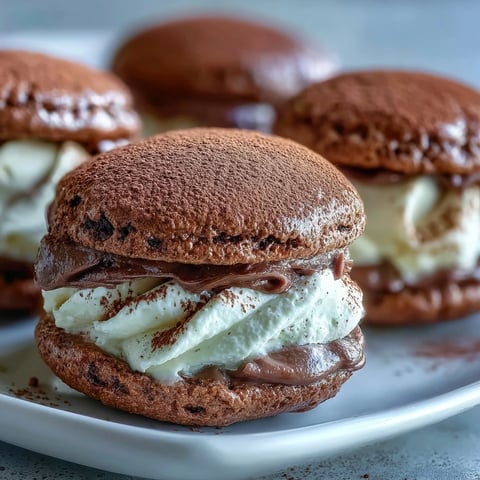 Freshly baked Tiramisu Whoopie Pies with rich cocoa-dusted tops sit on a wire cooling rack.
