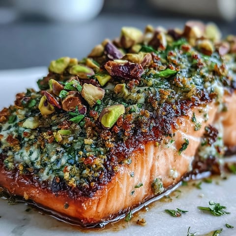 Confit Salmon With Tahini, Pistachio and Herb Crust topped with a vibrant green herb and nut mixture, garnished with lemon wedges.