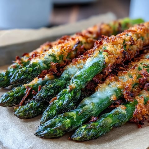 Golden-brown Crispy Asparagus Asiago Spears arranged on a baking sheet with fresh lemon wedges and a creamy dip.