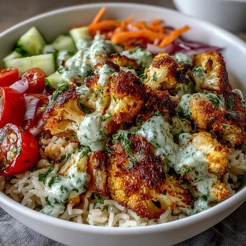 Golden herb-roasted cauliflower with fluffy rice, cherry tomatoes, cucumber, and carrots, drizzled with creamy tahini sauce.