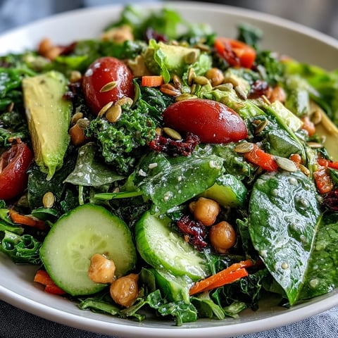 Vibrant Mixed Greens Power Bowl topped with chickpeas, avocado, and toasted nuts, drizzled with lemony dressing for a wholesome vegan meal.
