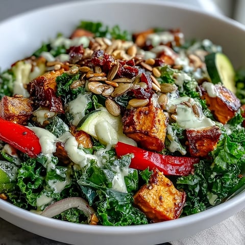 A vibrant Kale Salad Bowl with massaged kale, roasted sweet potatoes, and crunchy nuts, drizzled with creamy tahini dressing.