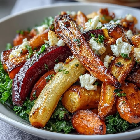 Golden roasted root vegetables like carrots, parsnips, and sweet potato piled high over massaged kale in a bowl.
