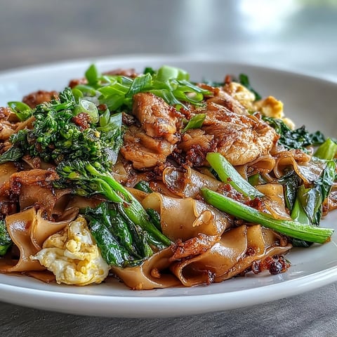 Garnished with crushed peanuts and a lime wedge, steaming Authentic Thai Pad See Ew features caramelized noodles and fresh Chinese broccoli on a plate.