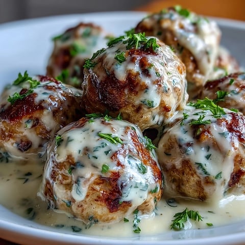 Golden-brown Creamy Garlic Ranch Turkey Meatballs simmer in a rich, garlicky cream sauce inside a skillet.